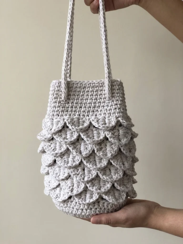 Light beige crochet mini bag with crocodile stitch texture and long drawstring straps held by hands against a plain background