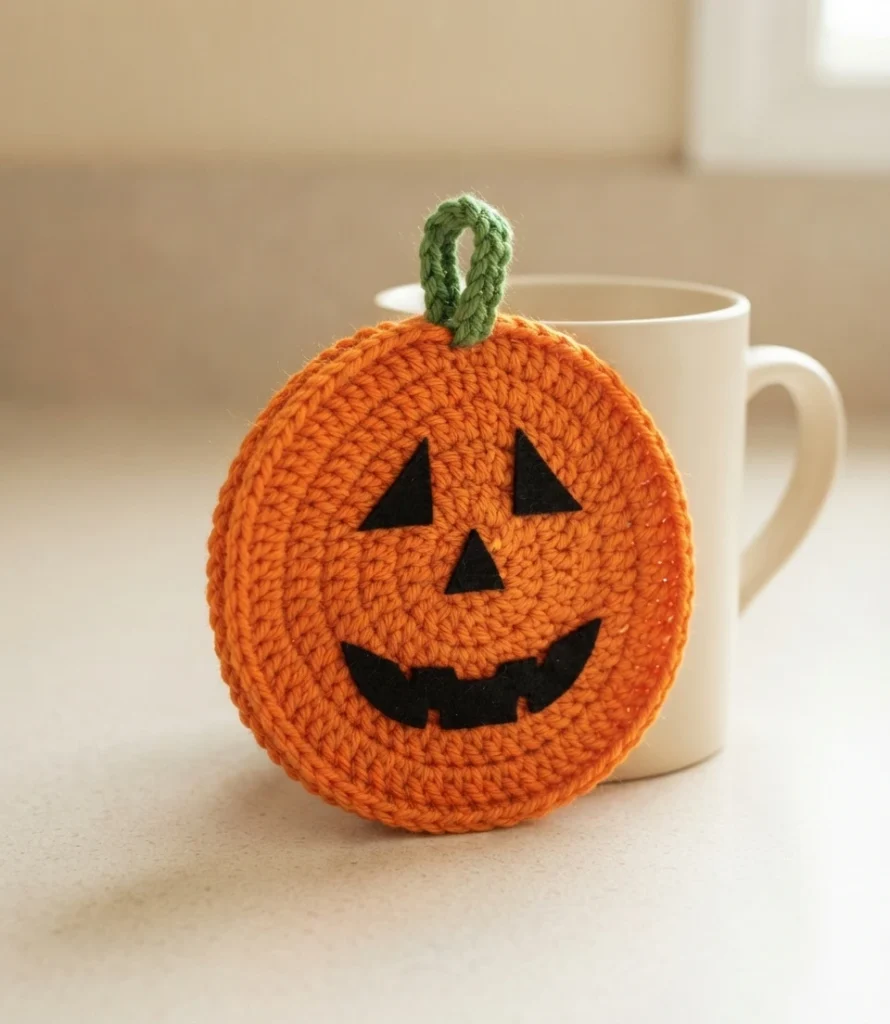 Crocheted orange pumpkin potholder with a black felt jack-o'-lantern face and a green crocheted stem loop, propped against a white mug on a counter.