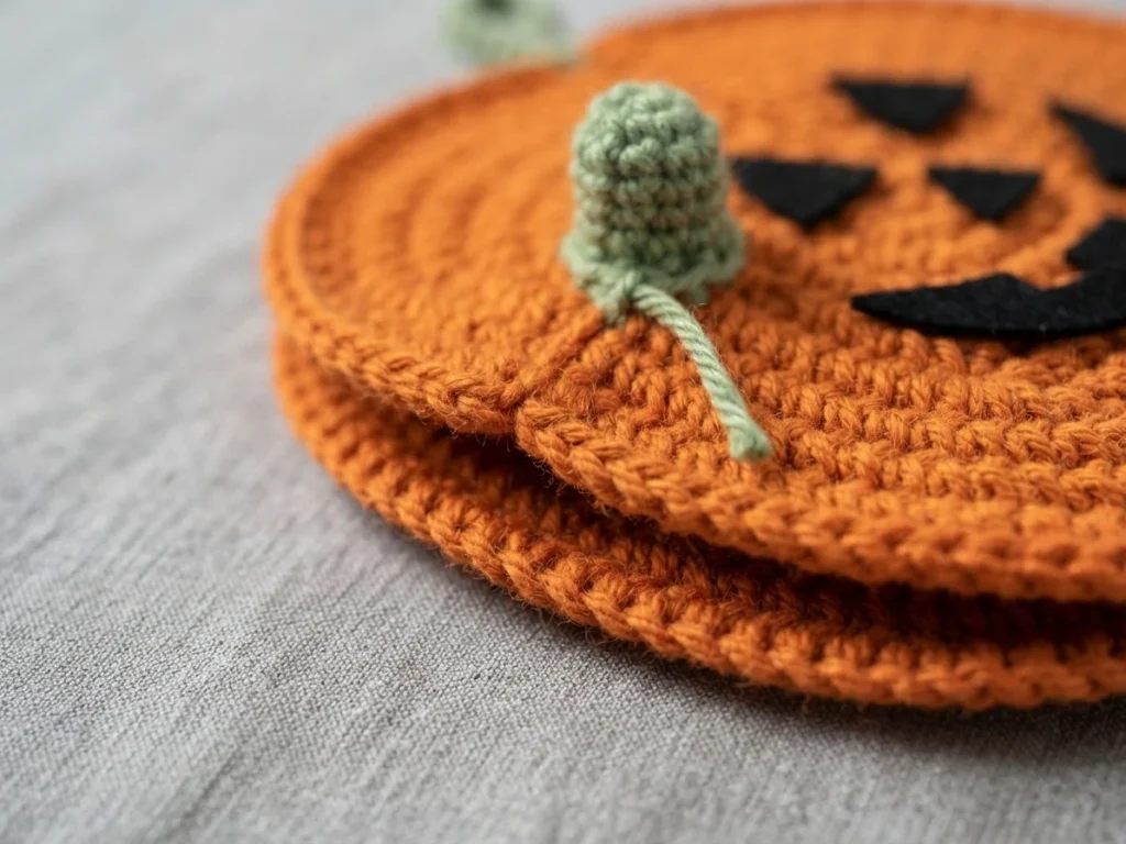 Close-up of two stacked round orange crocheted potholders with a small green crocheted stem and black felt face shapes, resting on grey woven fabric.