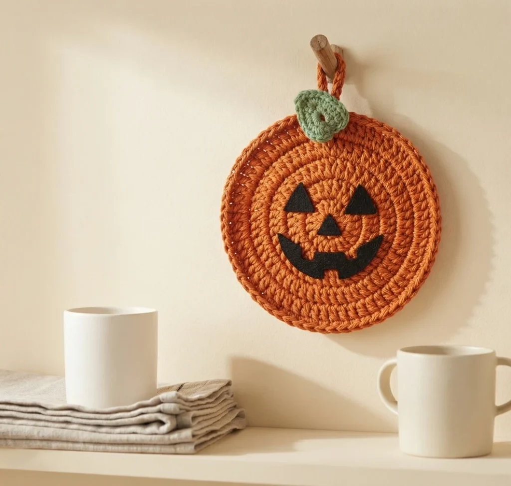 Crocheted orange round pumpkin potholder with a black felt jack-o-lantern face, hanging by a green crocheted loop and leaf from a wooden peg on a light wall, above a shelf with a white cup and folded cloths.