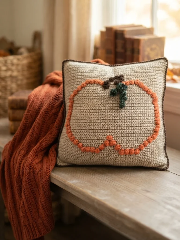 Beige crocheted square pillow with an orange bobble-stitch pumpkin outline, a dark brown and green stem and leaves, and a dark border, propped on a wooden bench beside a rust-colored blanket, stacked books and a window.