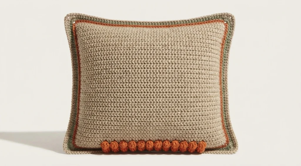 Crochet pillow in beige with a decorative border of orange bobble stitches along the bottom edge, framed by thin orange and green lines and a gray outer edging, photographed against a plain light background.