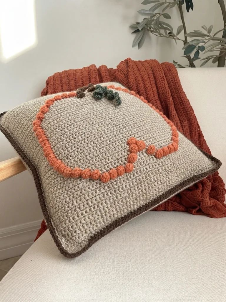 Square crocheted pillow in light beige with an orange bobble-stitch pumpkin outline, a dark brown stem and a green leaf, edged with a dark brown crochet border, propped at an angle on a white chair next to a rust-colored crochet blanket.