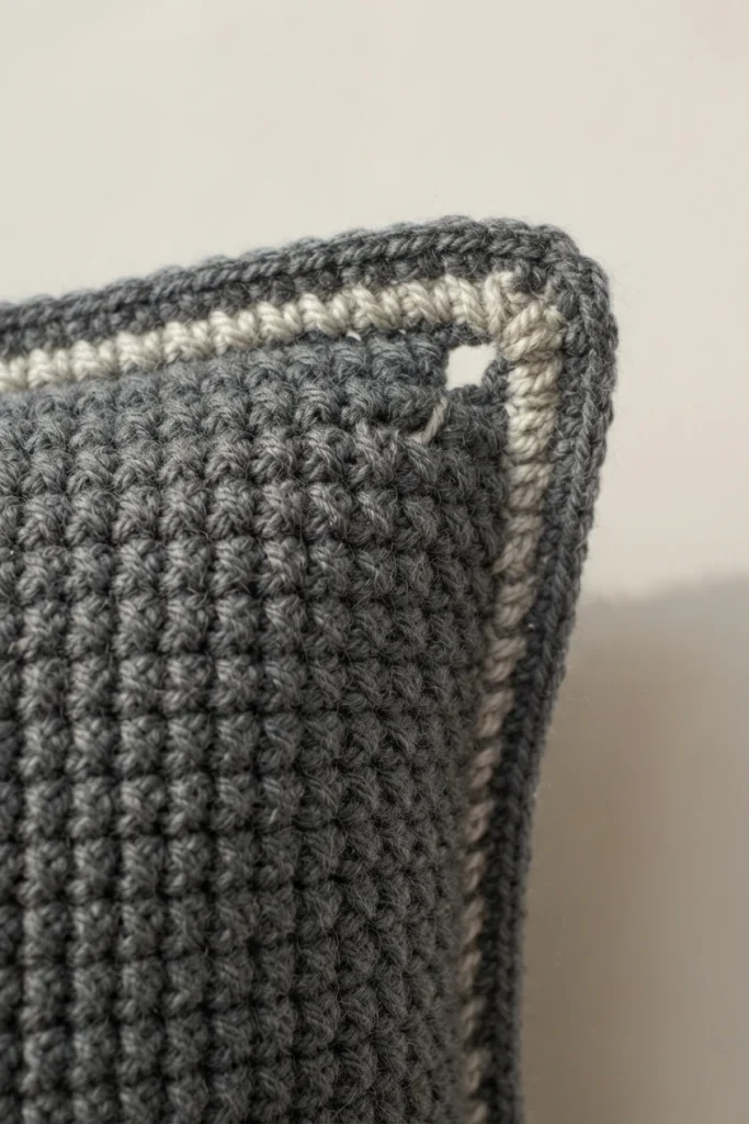 Close-up of the corner of a grey crocheted pillow showing a single crochet border with a contrasting cream slip stitch edge and a small chain space at the corner.