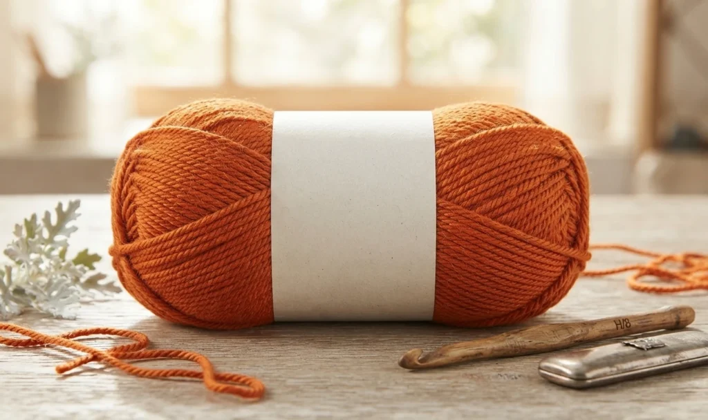 A skein of burnt orange yarn with a blank white paper band resting on a light wooden table, next to a wooden crochet hook, a small metal tin and a sprig of dried grey greenery, with a bright window and blurred plant in the background.