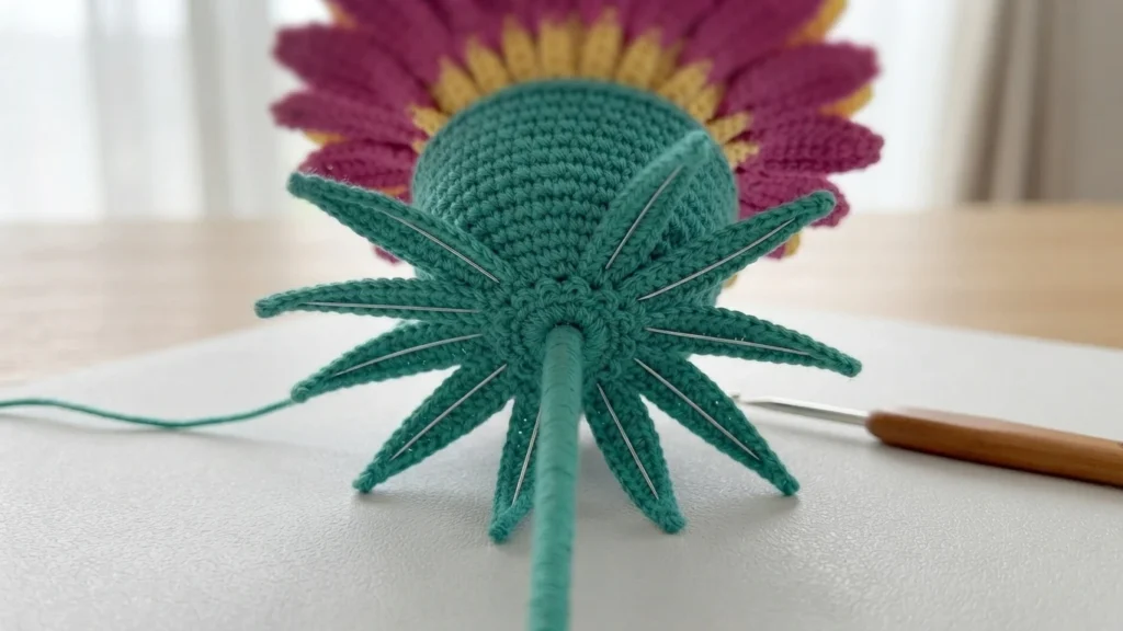 Underside of a crocheted flower showing a green domed base with pointed sepals, thin wires, and a green stem, with pink and yellow petals in the background.