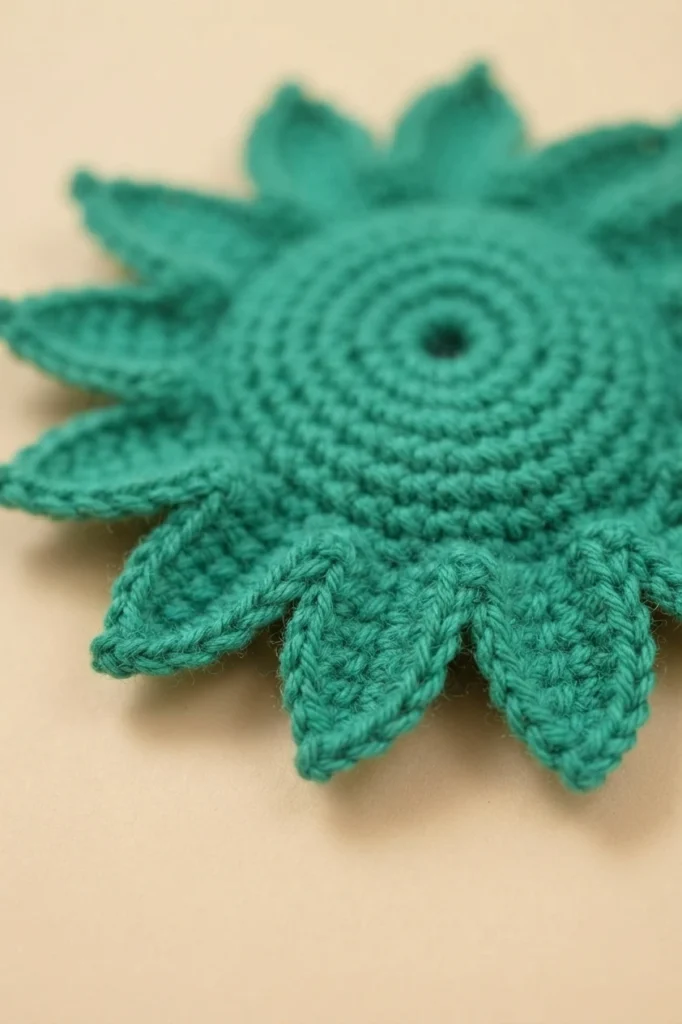 Close-up of a green crocheted flower base with a round center and pointed sepals around the edge on a beige background