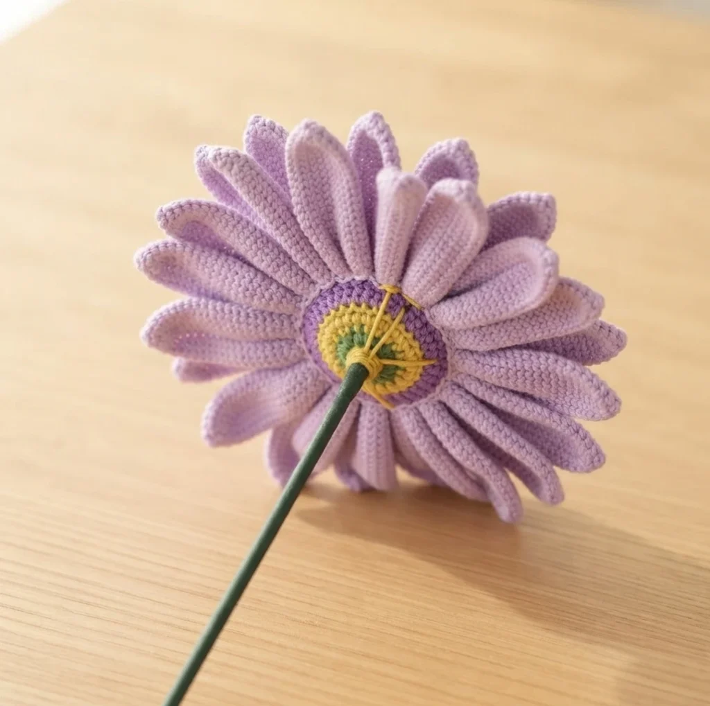 Back of a light purple crochet gerbera daisy with a green stem secured with yellow yarn, resting on a wooden surface.
