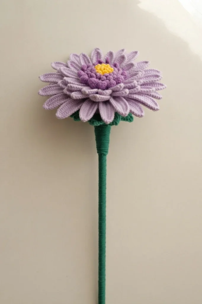 Assembled crochet gerbera daisy with light purple petals, purple and yellow center, and green yarn-wrapped stem