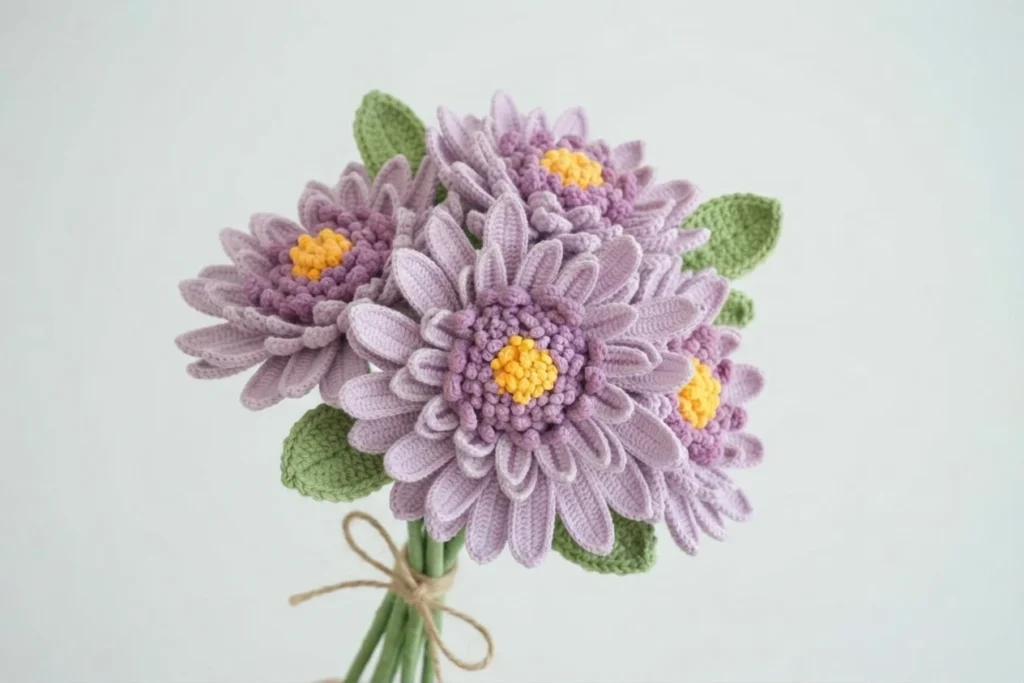 Bouquet of lavender crochet gerbera daisies with purple textured centers, yellow middles, green leaves and stems tied with twine
