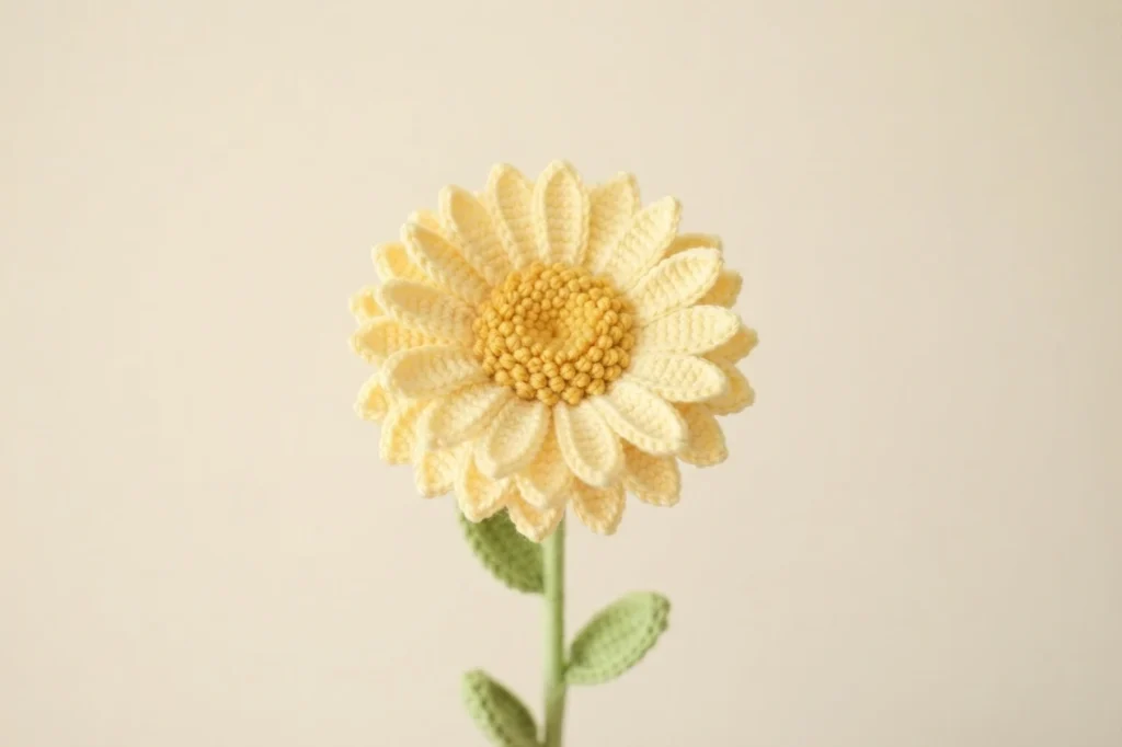 Pale yellow crochet gerbera daisy with textured golden center on a green stem with small crocheted leaves against a plain beige background