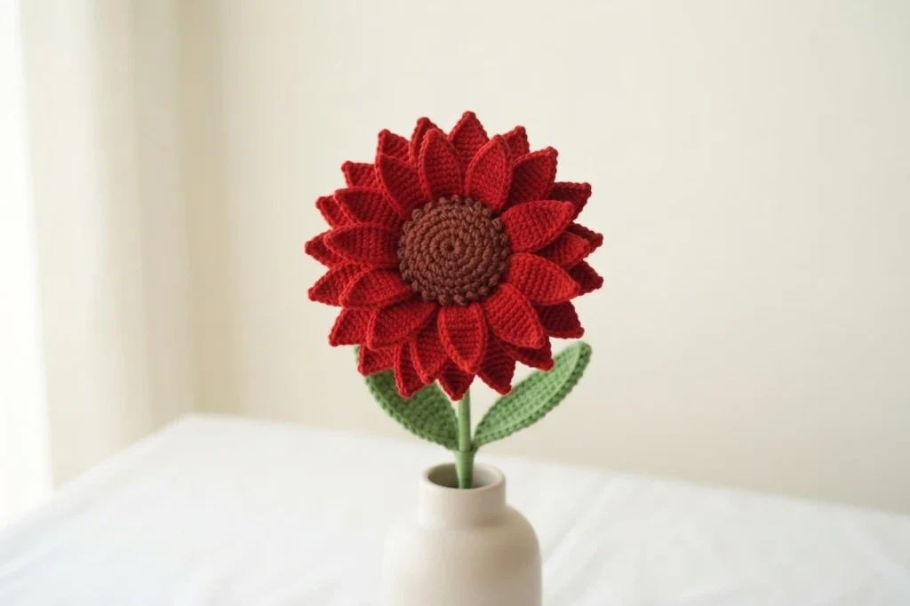 Single red crochet flower with layered pointed petals, a brown textured center, green stem and two leaves, displayed in a small white vase.