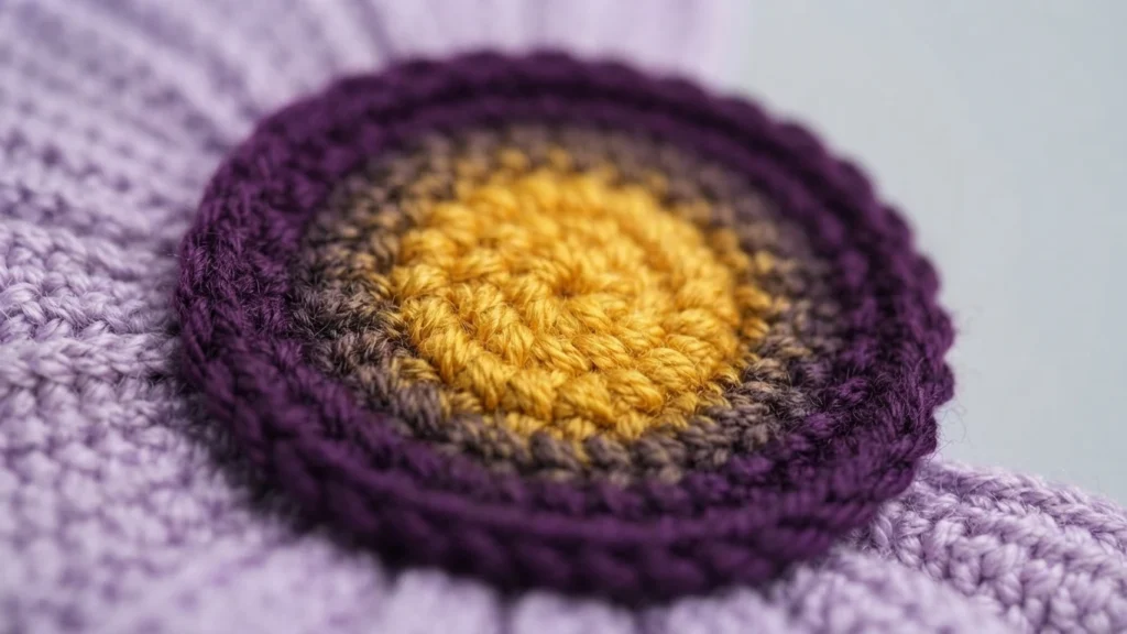Close-up of crocheted flower center with yellow middle, brown ring and dark purple edge on light purple petals