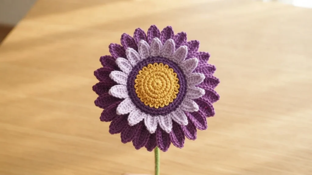 Crocheted Gerbera daisy with dark purple outer petals, light lavender inner petals, yellow spiral center and green stem on a wooden table.