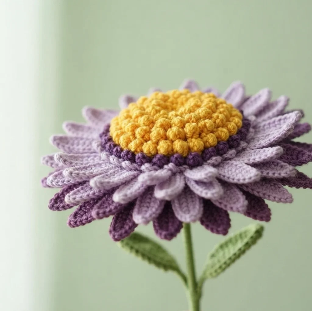 Crochet Gerbera daisy with a yellow bobble centre, layered light and dark purple petals, and a green stem with leaves