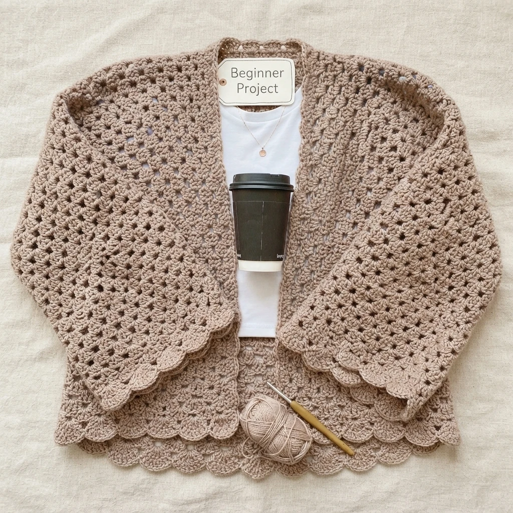 Cardigan crocheté taupe à bordure festonnée, présenté à plat avec une pelote, un crochet et un gobelet.