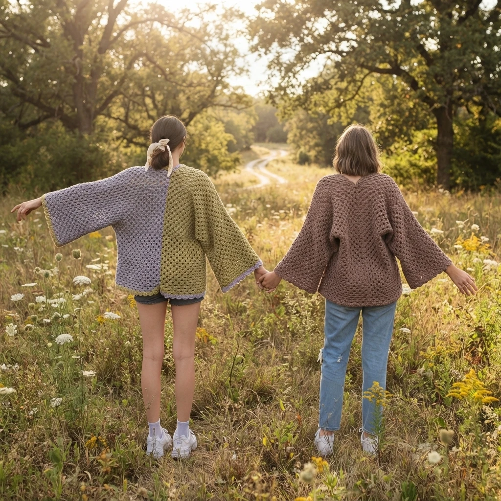 Deux personnes vues de dos portent des cardigans granny au crochet, l’un lavande et vert olive, l’autre brun, dans un pré boisé.