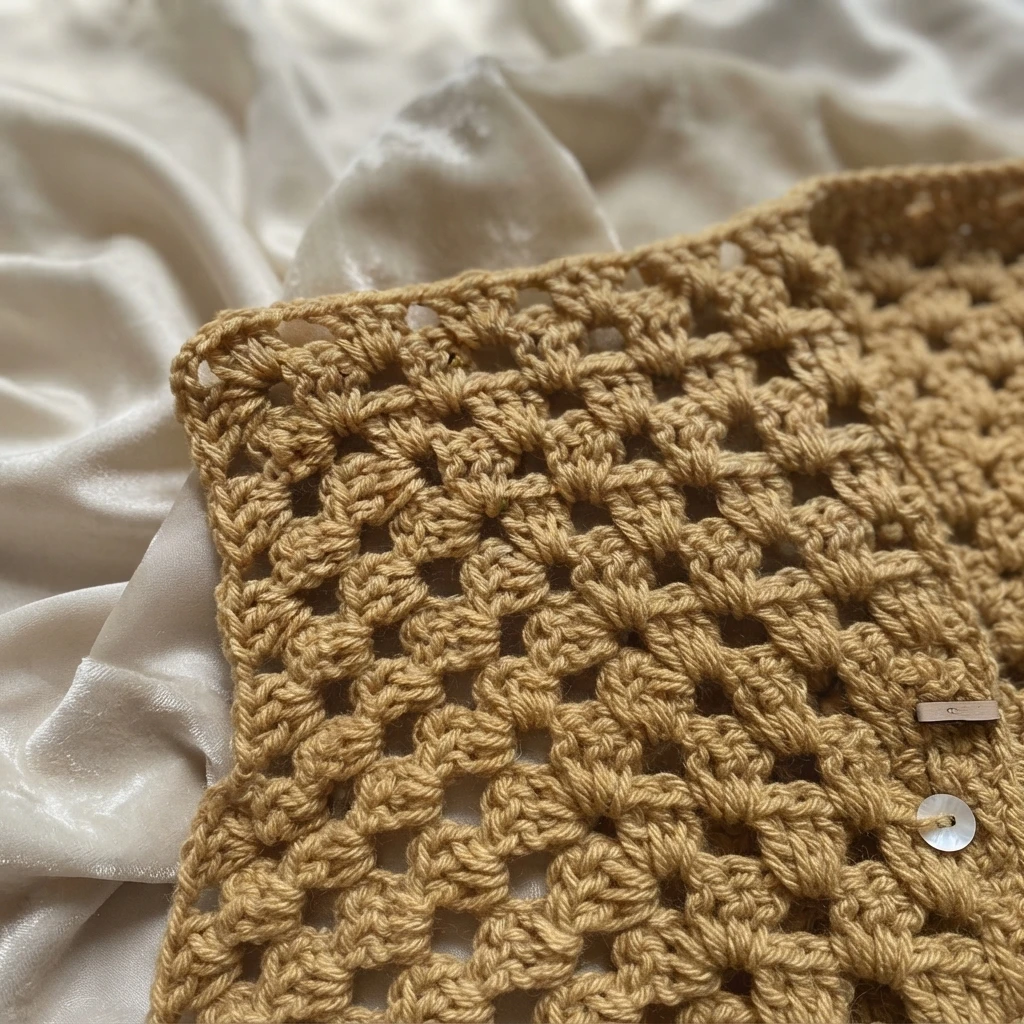 Close-up of tan crochet fabric with open granny-style clusters on a pale draped background.