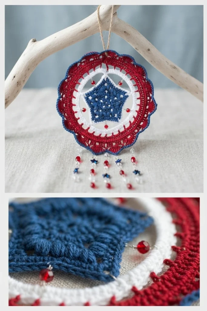 Red, white and blue crochet mandala with blue star center and beaded strands hanging from a pale branch, shown above a close-up of the star center and red beads