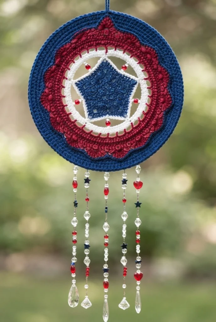 Red, white and blue crochet mandala with a blue star center, a white ring, and hanging beaded strands outdoors