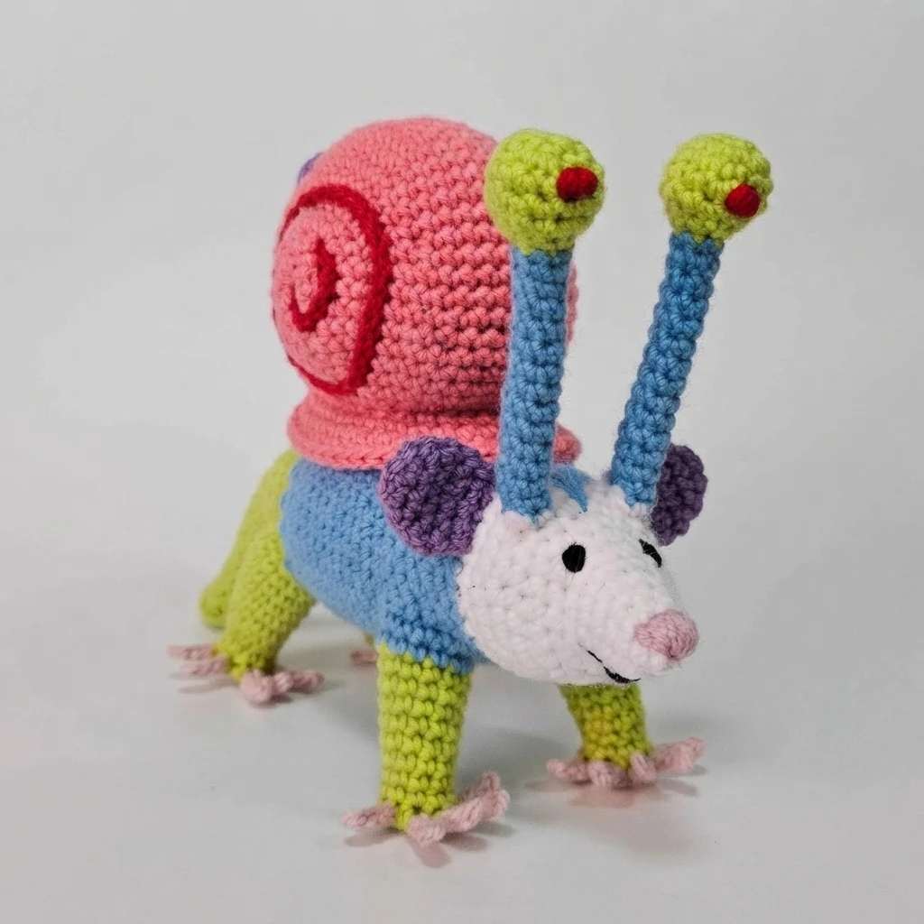 Personnage au crochet inspiré d’un opossum et d’un escargot, avec une coquille rose, un corps bleu, des pattes vertes et des yeux sur de longues tiges.