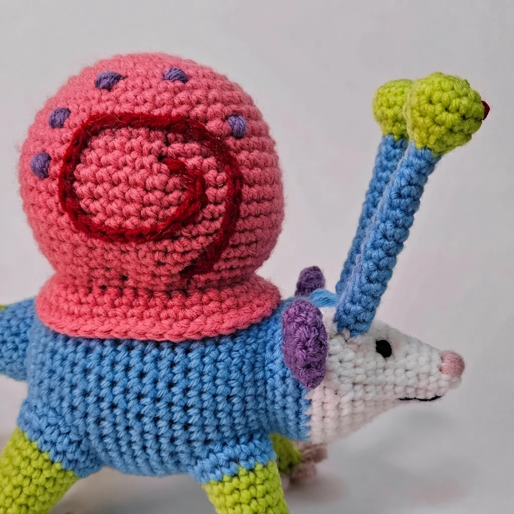 Amigurumi représentant un opossum bleu au museau blanc, avec une coquille rose à taches violettes et des pédoncules verts.
