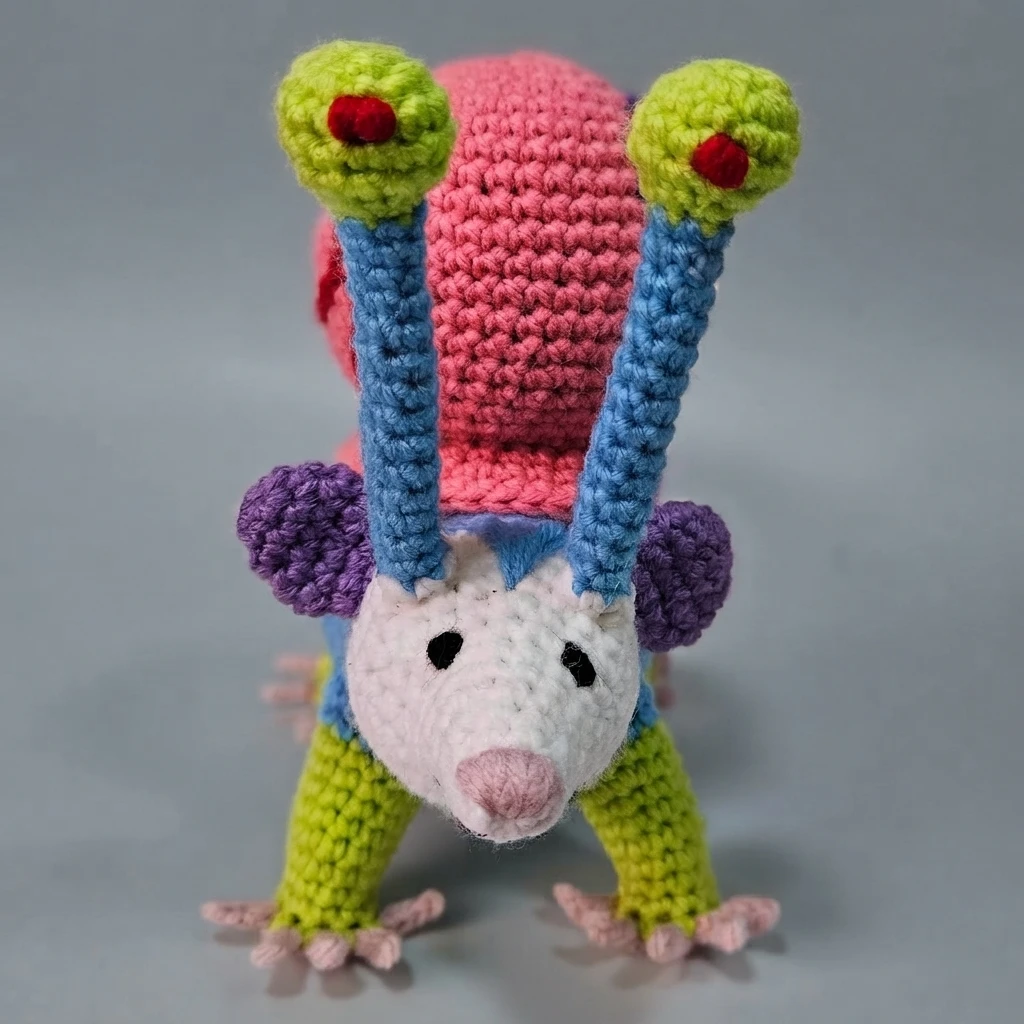 A crocheted possum character with a white face, green limbs, blue eye stalks, and a pink shell with red details.
