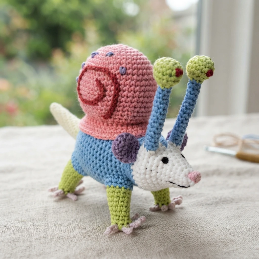Crocheted snail possum with a pink shell, blue body, green legs, and tall eye stalks, standing on a light-colored surface.