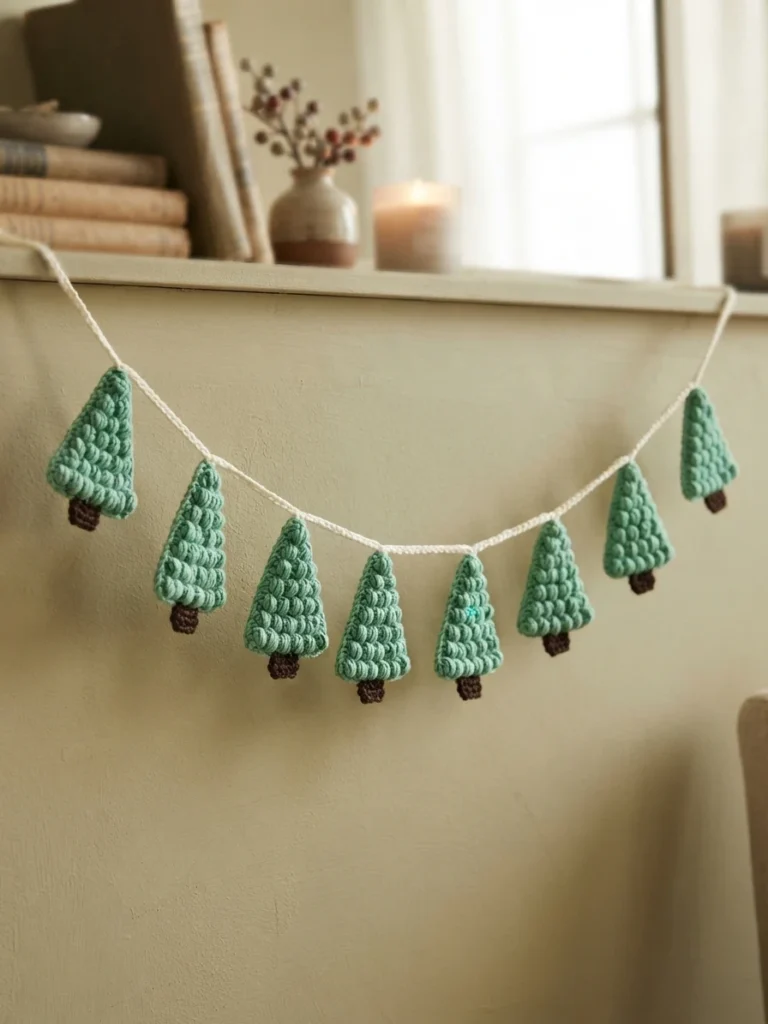 Crocheted green Christmas tree garland with small brown trunks strung along a white crochet chain, hanging on a beige wall near a window with books, a vase and a lit candle in the background.
