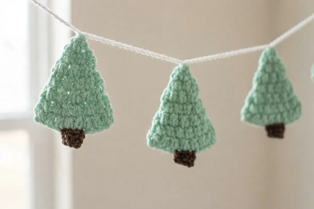Three crocheted green Christmas trees with small dark brown trunks hanging from a white crocheted chain garland against a plain light wall