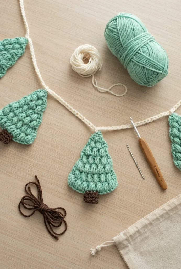 Flat lay on a light wood surface showing mint green crocheted Christmas trees joined by a cream crochet chain, alongside a mint yarn ball, a small cream yarn ball, brown cord, a wooden crochet hook, a yarn needle and a canvas pouch.
