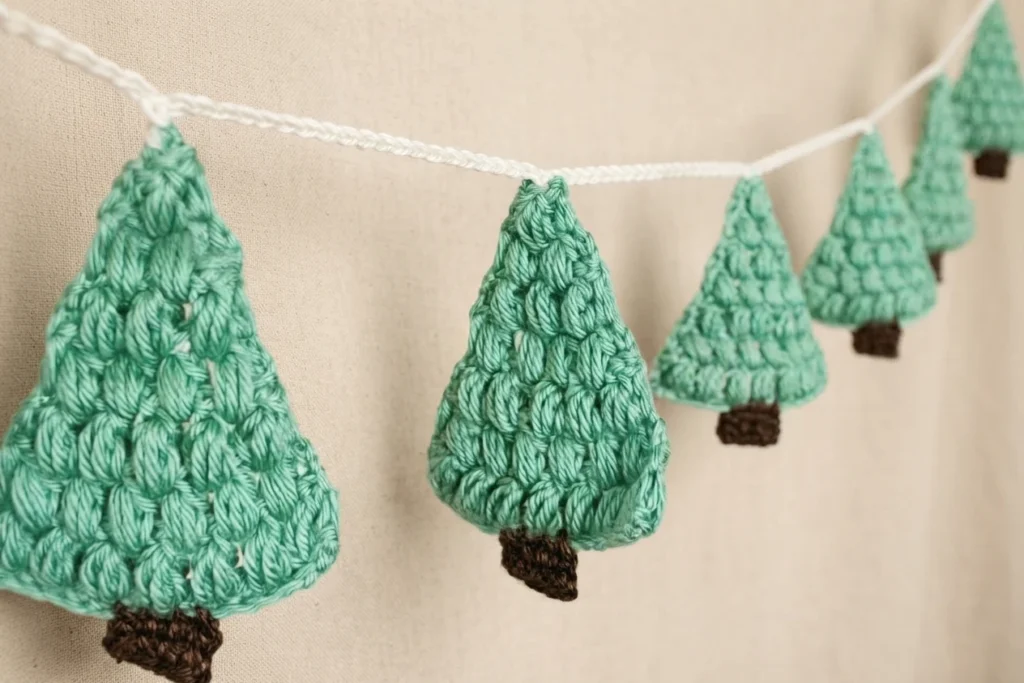 Crocheted green Christmas tree garland with brown trunks hanging from a white chain cord against a beige linen backdrop, with the nearest trees in focus and the rest receding into soft blur.