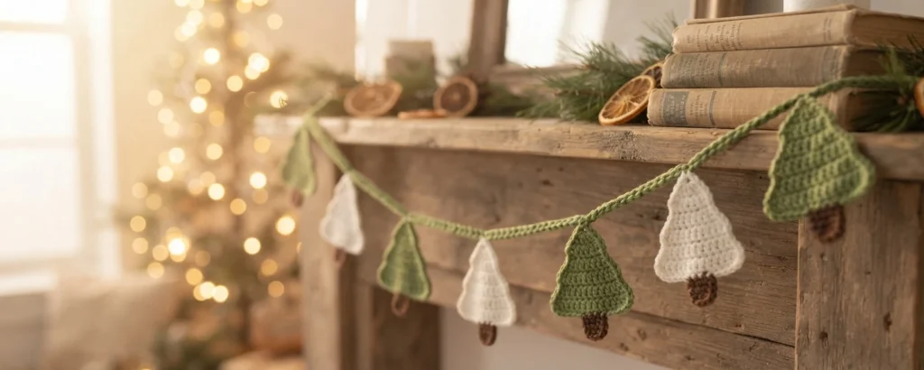 Crocheted Christmas tree garland with alternating green and white trees and small brown trunks, hanging on a wooden mantel above stacked vintage books, dried orange slices and greenery, with a softly blurred lit Christmas tree in the backgr