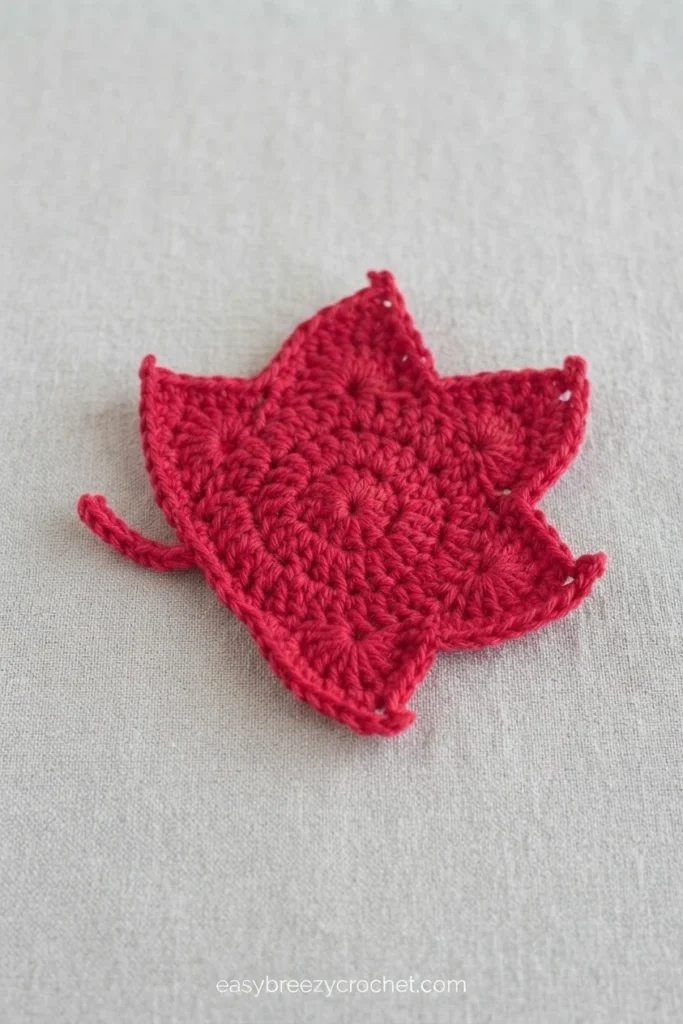 Single crimson crocheted maple leaf shaped coaster lying flat on light gray fabric, with a short crocheted stem at the left and a small website watermark along the bottom edge.