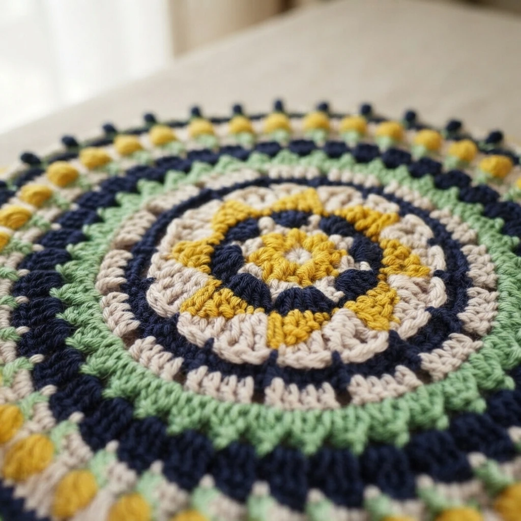 Close-up of a colorful crocheted mandala in yellow, navy, green and cream rounds, resting on a light surface.