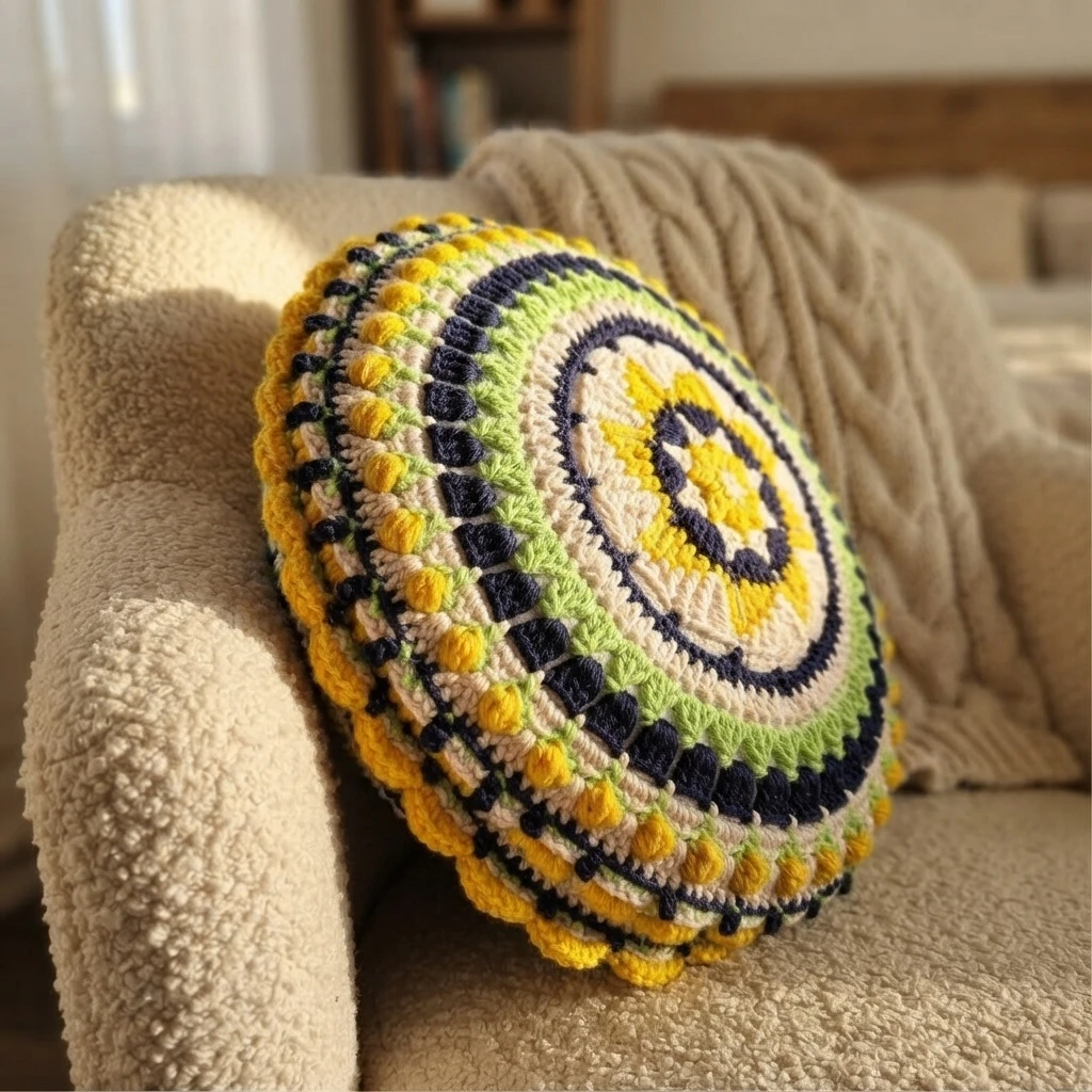Round crochet mandala pillow in yellow, navy, green and cream leaning against a beige armchair