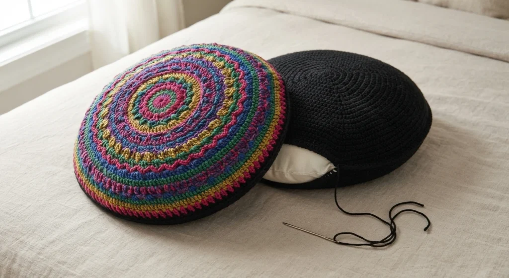 Colorful crocheted mandala pillow front leaning against a black crocheted pillow backing with a white pillow form partly inserted, plus a yarn needle and thread on a bed.