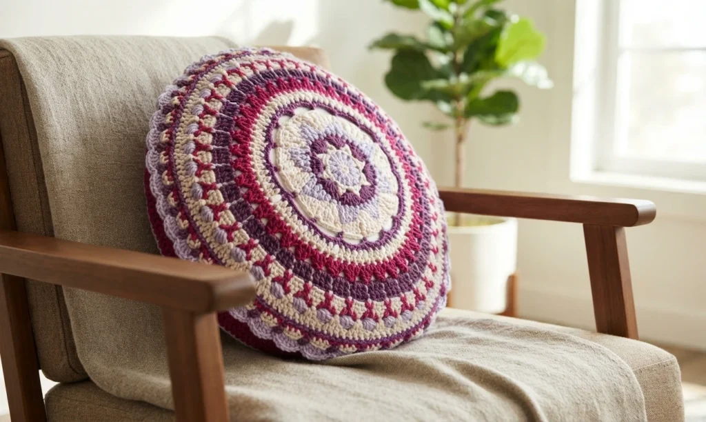 Round crochet mandala pillow in purple, magenta, cream and lavender resting on a beige armchair.