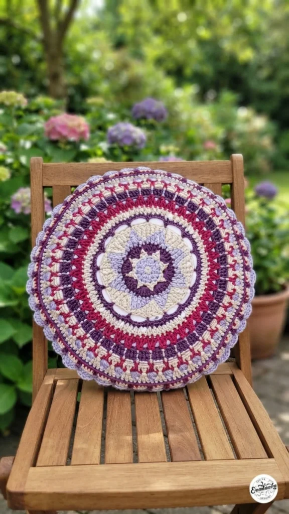 Round crochet mandala cushion in purple, pink, cream and lavender displayed on a wooden chair in a garden