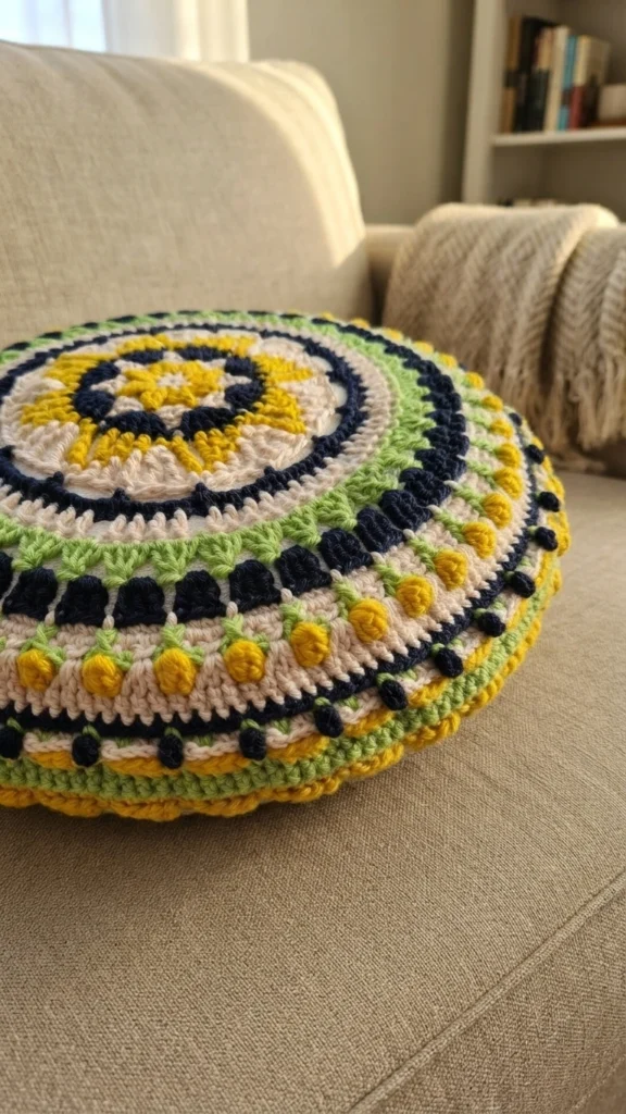 Round crochet mandala pillow with concentric patterned rounds in yellow, navy blue, green and cream, resting on a beige sofa.