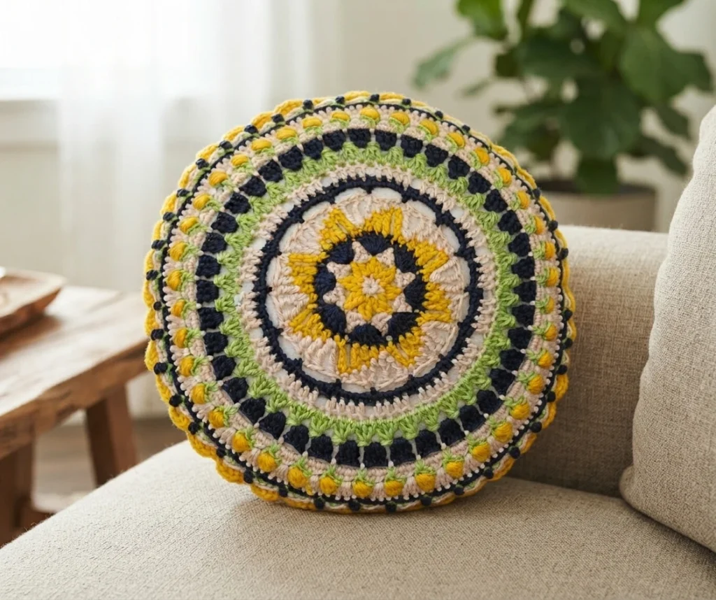 Round crochet mandala pillow in yellow, navy blue, green and cream, leaning against a beige sofa in a bright living room.