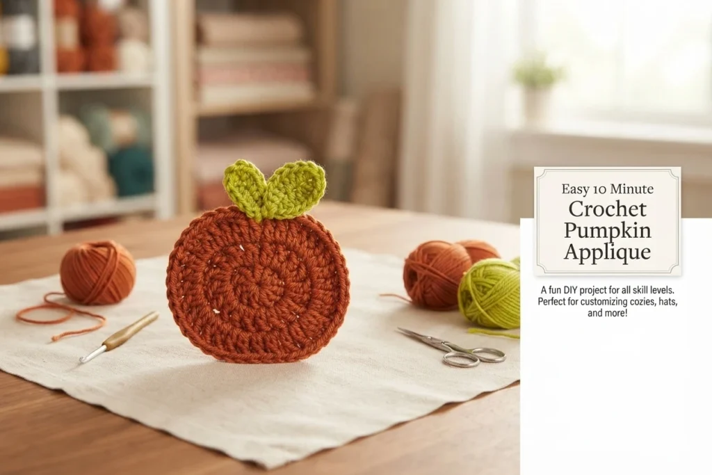 Orange crocheted pumpkin applique with a green leaf, displayed on a table beside yarn and crochet tools.