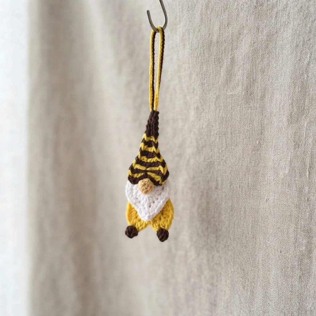 Single crochet bee gnome ornament hanging from a metal hook, with a yellow and brown striped conical hat, white heart-shaped beard, small tan nose and yellow body with dark brown feet, against a light textured fabric background.