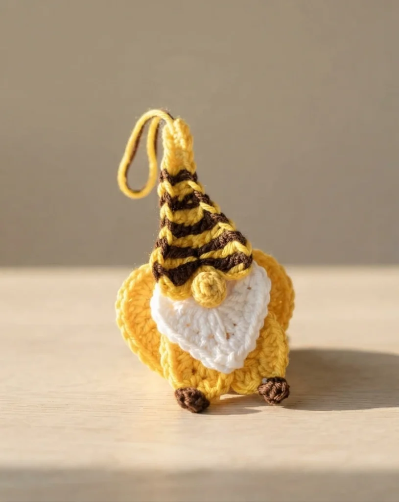 Single crochet bee gnome with a yellow and brown striped pointed cap, a white beard and a yellow body, finished with a hanging loop, standing on a light wooden surface in front of a plain beige wall.