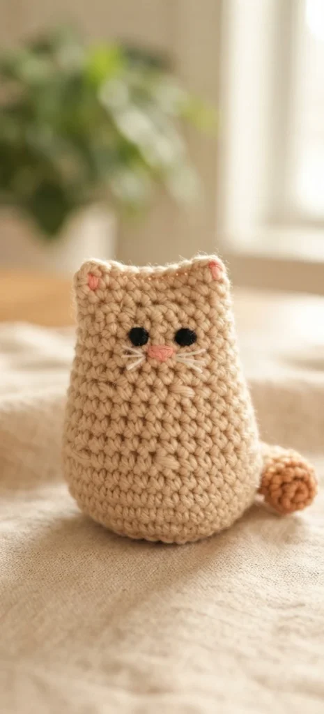 Beige crochet amigurumi cat with black eyes, pink nose, white whiskers and a small tan tail sitting on fabric.