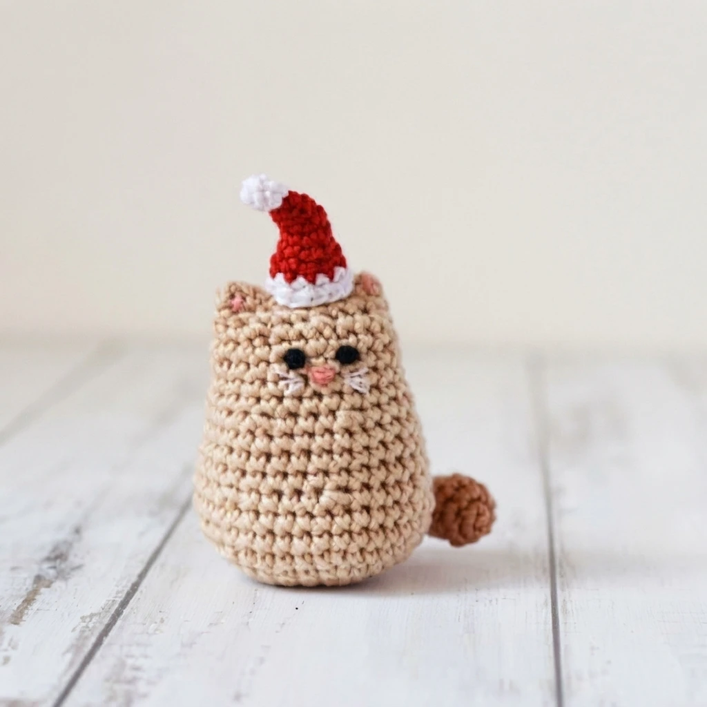 Small beige crochet cat wearing a red Santa hat with white trim and pompom, sitting on a white wooden surface