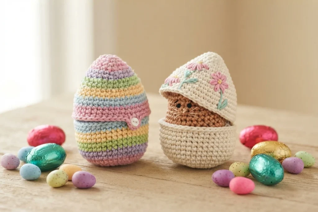 Two crochet Easter eggs on a wooden table, one pastel striped and closed with a small white button, one cream egg with pink embroidered flowers open to show a small brown crochet kitty inside, surrounded by foil wrapped chocolate eggs and s