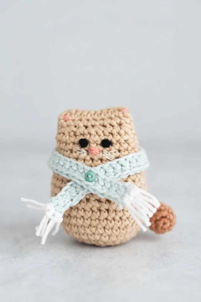 Small beige crocheted cat with a brown tail wearing a pale blue scarf with a green button and white fringe