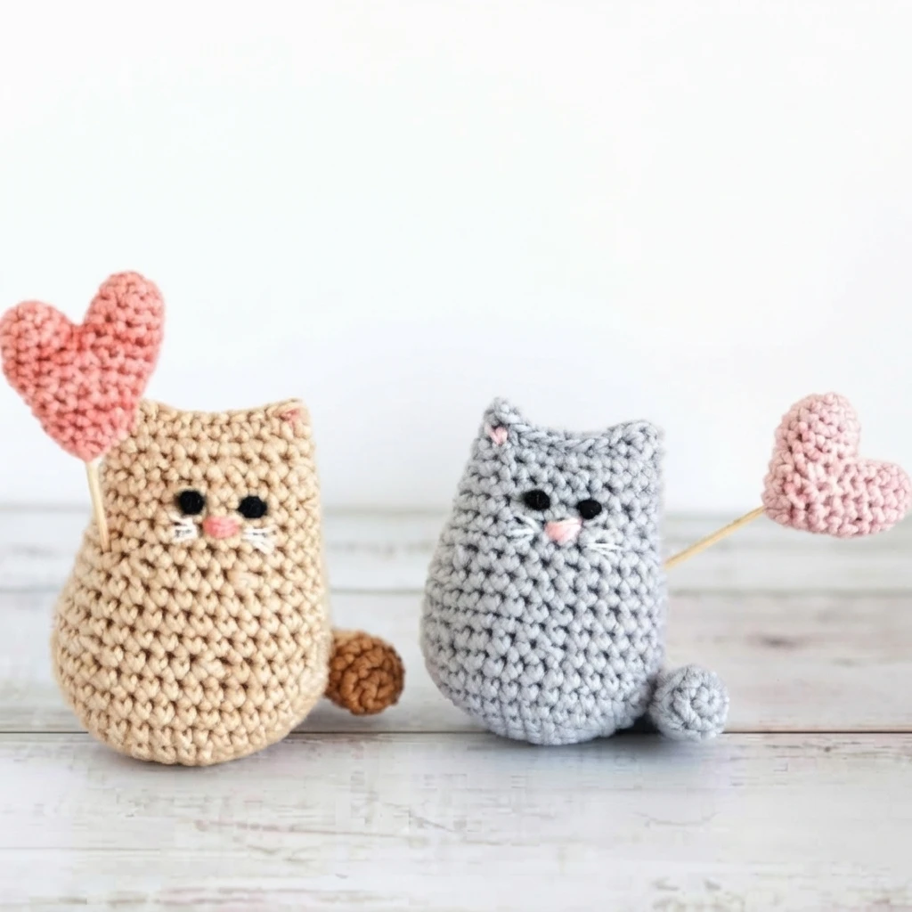 Two small crocheted cats, one beige and one grey, each holding a pink crocheted heart on a stick on a light wooden surface.