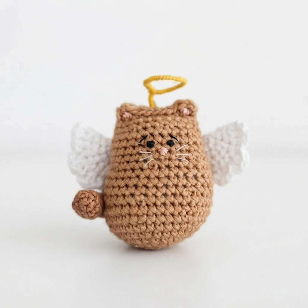 Small tan crocheted cat with white angel wings and a yellow halo on a plain light background